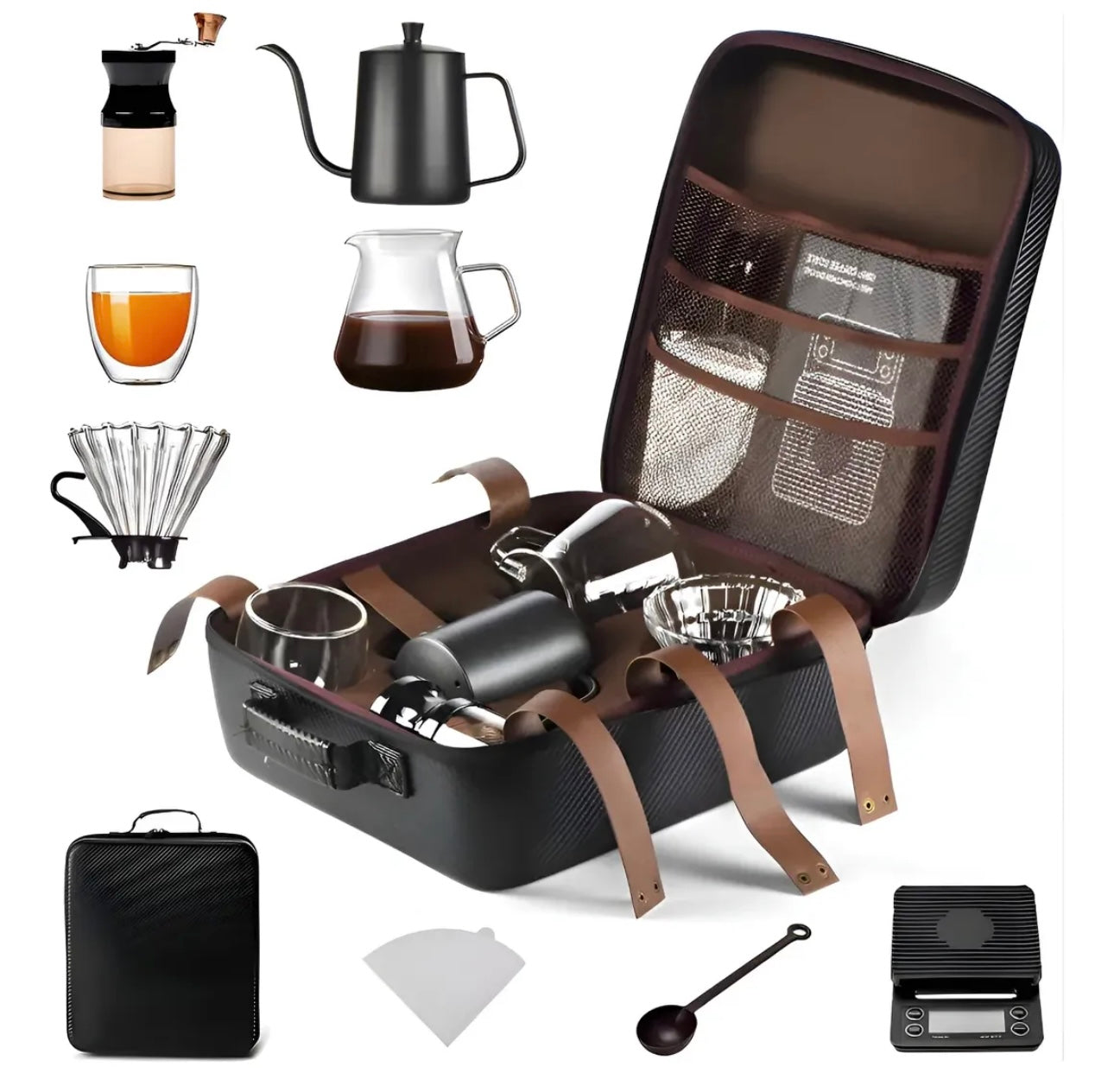 Kit Cafetero Manual 9 Piezas Portatil Para Camping y Viajes color Negro
