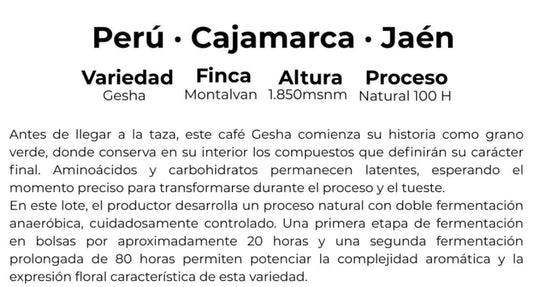 Perú · Cajamarca · Jaén - Variedad - Gesha - 250 Gramos - Finca: Montalvan - Altura: 1.850 msnm - Proceso: Natural 100 H